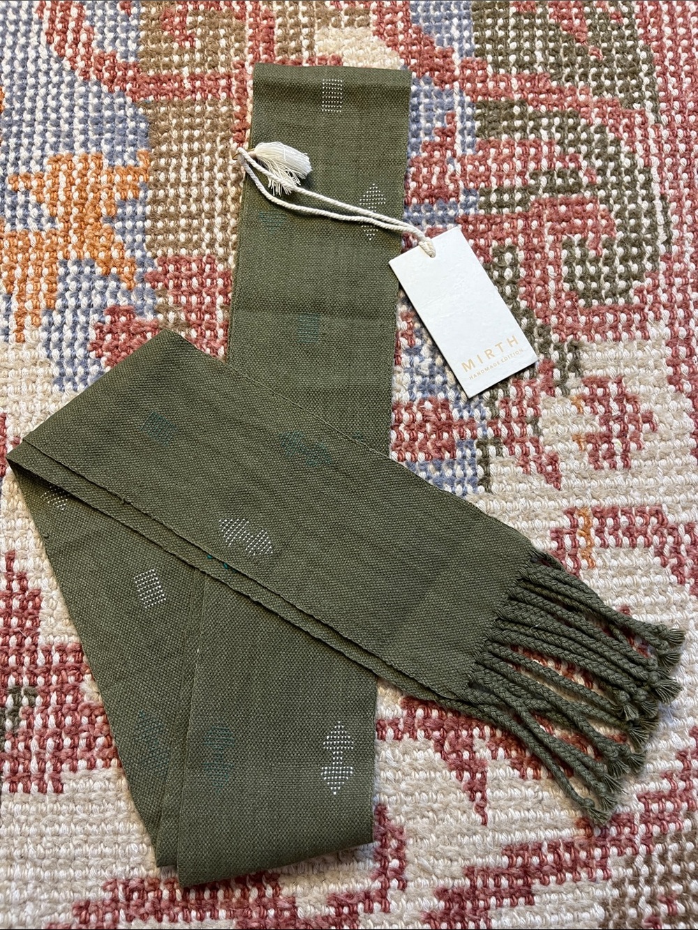 NWT Mirth Handwoven Cotton Sash Belt Skinny Scarf Olive Green Artisan Fringe